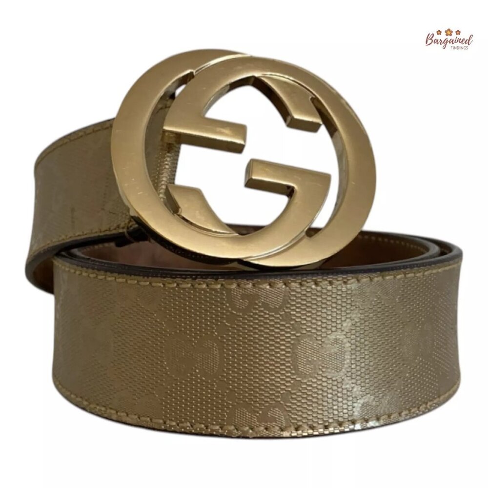 Authentic Gucci Gold Imprime Monogram Leather Interlocking G Buckle Belt 85/34